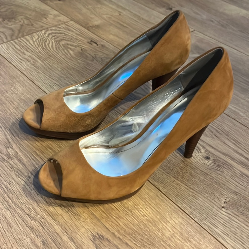 Style and Co brushed faux suede peep toe heels